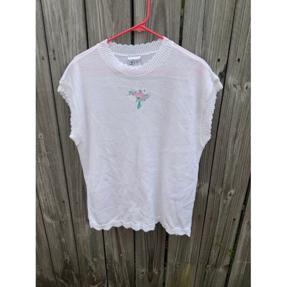 Cottagecore Grandmacore Haband For Her Sweater Vest L White Floral Embroidered